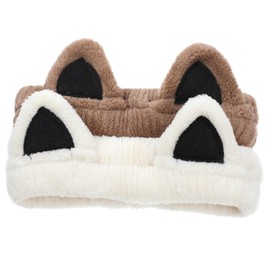 TIESOME 2 Pcs Cute Cat Spa Headbands, Soft Coral Fleece Face Wash Headbands for Washing Face Skincare Makeup Women Hair Accessories Cream White and Brown