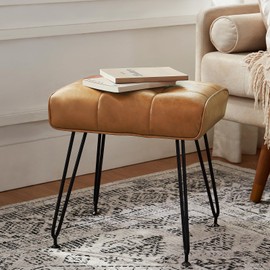 EBENCHICO PU Leather Vanity Stools, Vanity Stool Chairs for Makeup Faux Leather Foot Stools Ottoman with Metal Leg Make up Chairs for Vanity Small Bench Seat for Living Room Bedroom (Yellowish Brown)