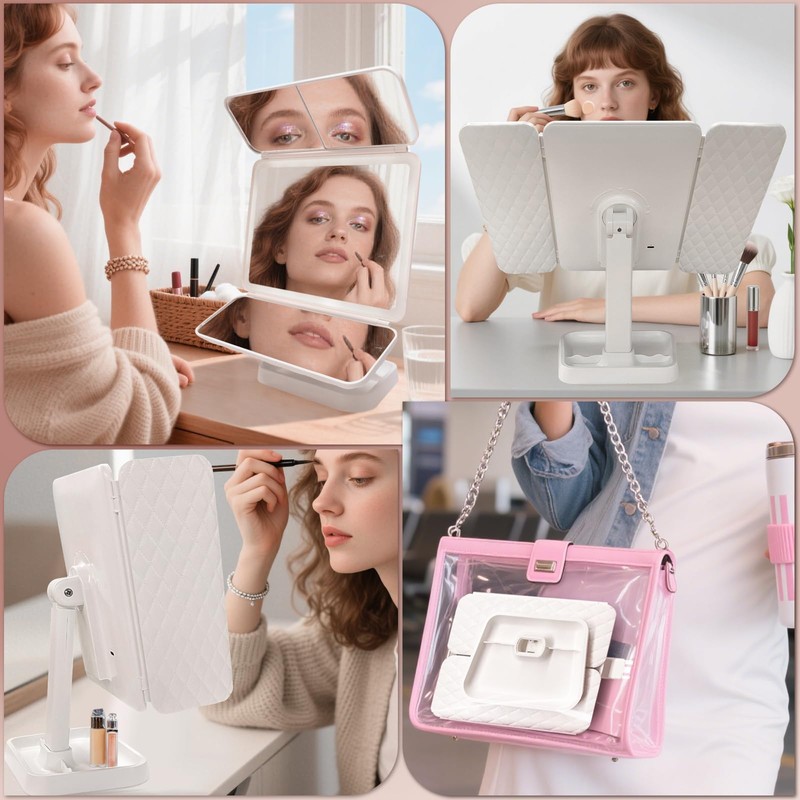 LED Tri-Fold Vanity Mirror with Lights, Touch Screen and 3X/2X/1X