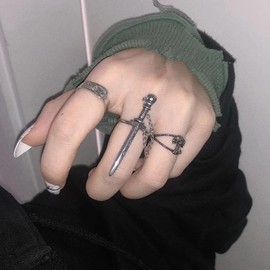 Zeshimb Gothic Skull Sword Rings Removable Sword Ring with Chain Punk Silver Chain Finger Ring Vintage Skull Sword Index Cool Ring Y2k Jewelry for Women Men, Metal, No Gemstone