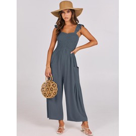 ANRABESS Women Summer Casual Dressy Sleeveless Smocked Wide Leg Linen Jumpsuits Rompers 2024 Trendy Travel Outfit Pocket Dark Gray Medium