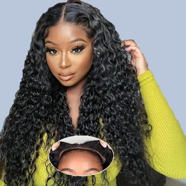 Wear and Go Glueless Deep Wave Wig 180% Density Curly Human Hair Wig 5x5 Pre Cut Lace Closure Wigs for Black Women Curly Wig Natural Color 24in