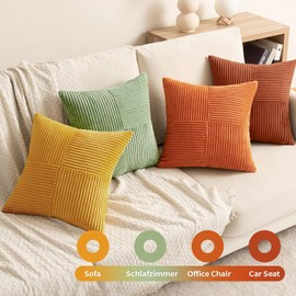EMEMA Corduroy Cushion Cover, Set of 4, Patchwork Cushion Cover, 40 x 40 cm, Decorative Cushion Sofa Cushion, Corduroy Decorative Cushion for Sofa, Armchair, Home, Bedroom, Orange-Green Series
