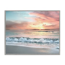 Stupell Industries Morning Sunrise Beach Landscape Distant Mountains Rolling Tide, Designed by Mike Calascibetta Gray Framed Wall Art, 30x24, Orange