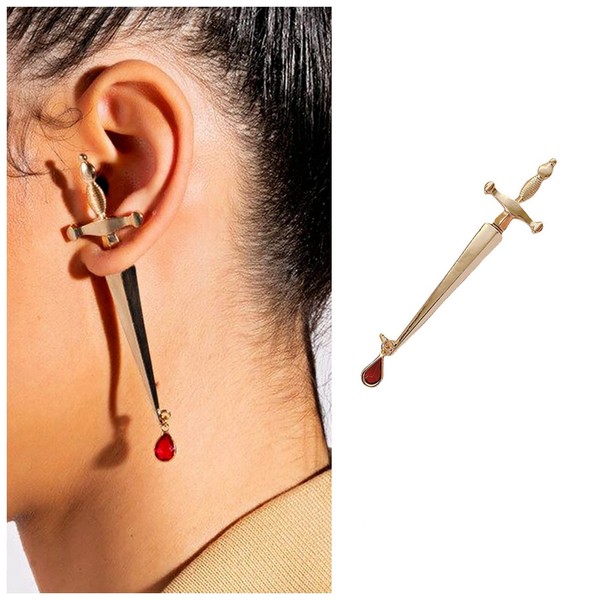 Inateannal Punk Sword Stud Earrings Gold Long Ruby Sword Stud