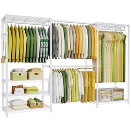 Ulif E1 Heavy Duty Closet Garment Rack, 6 Tiers Adjustable Metal Freestanding Expandable Clothing Storage with 4 Hanger Rods, Easy to Assemble Wardrobe, 71.4" H x (70" - 88.2") L x 14" D, White