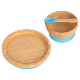Tiny Dining Baby Dinner Set - Round - Blue - 3pc - Divided Non-Slip Bamboo Self-Feeding Baby Weaning Plate, Bowl & Spoon for Babies, Toddlers, Children
