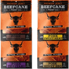 BEEFCAKE Jerky Pork Lover Variety Pack, Includes Beef Jerky Sweet Heat, Teriyaki, Honey BBQ & Smokehouse, 9 Gram of Protein & 100 Calories 2.7 Oz | Pack of 4