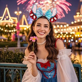 Red Sequin Mouse Ears Headband with Sparkly Alien Dog Ear & Blue Bow& Diamond & Footprint Decor, Funny Cartoon Headwear for Birthday Cosplay Party Costume Accessory, Disneyland Park; SDZ-H