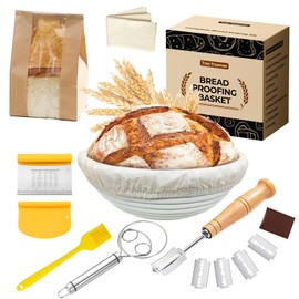 Round 9" Banneton Bread Proofing Basket,Sourdough Starter Kit with Bread Lame,2 In 1Dough Scraper,Dough Whisk,Bread Lame,Linen Liners,Thick Baking Bread Cloth and Bread Bag Complete Baking Supplies