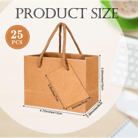 Whaline 25 Pack Mini Kraft Gift Bags with Handles 3.94 x 4.72 x 2.36 Inches Brown Small Paper Bags with Tags, Mini Party Favors for Valentines, Bridal Shower, Baby Shower, Wedding, Birthday Party