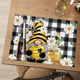 Artoid Mode Gnome Bees Flowers Summer Vinyl Placemats Set of 4, 12x18 Inch Wipeable Woven PVC Spring Place Mats for Farmhouse Holiday Party Kitchen Dining Decor,