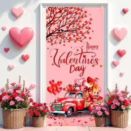 MOUNTCLI Happy Valentine's Day Door Cover Decorations,Valentine's Day Door Banner Large Red Car Love Heart Romantic Hearts Love Hanging Background for Indoor Outdoor Valentines Day Home Door Cover