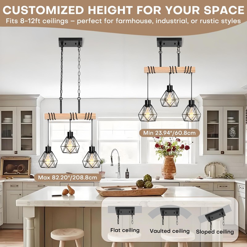 Farmhouse Dining Room Pendant Light Fixture Over Table, 3-Light Rustic