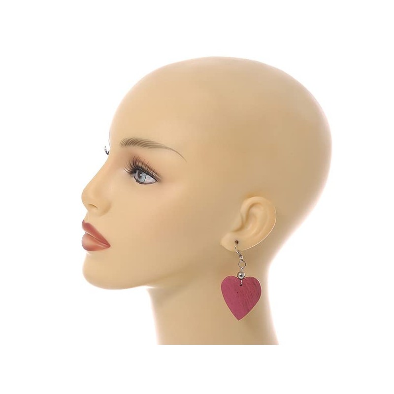 Rose Pink Wood Grain Heart Drop Earrings - 60mm L