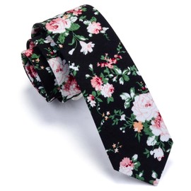 GUSLESON Mens Black Skinny Ties for Groomsmen Wedding Floral Cotton Tie Slim Necktie (0943-06)