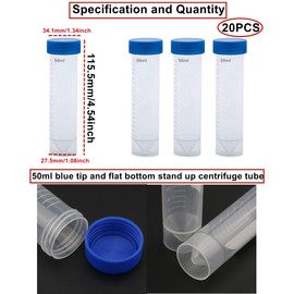 HUAZIZ Pack of 20 50 ml Blue Test Tube Plastic Centrifuge Tube for Laboratory Chemistry Experiments (Conical + Flat Bottom)
