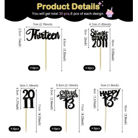 VCGUDOE 30PCS 13th Birthday Cupcake Toppers 13th Birthday Decorations for Boy 13th Birthday Decorations for Girl 2011 13th Birthday Decorations Cheers to 13th Birthday Party Decorations, Black