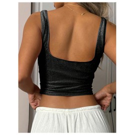 SweatyRocks Women's Sparkle Glitter Cropped Tank Top Backless Fitted Sleeveless Party Tops Black Medium