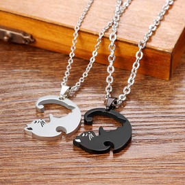Cupimatch Couples’ Necklace Puzzle Cat Necklace Friendship Necklace for You and Him Set of 2 Black Silver, Stainless Steel