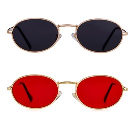 GIFIORE Oval Sunglasses Vintage Retro 90s Sunglasses Trendy Designer Glasses for Women Men (2 Pack: Gold/Red & Black)