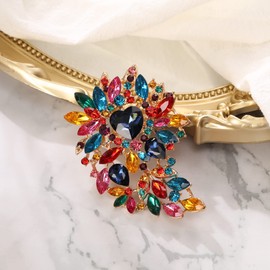 BriLove Fashion Big Large Statement Vintage Style Brooch, Women's Crystal Rhinestone Marquise Cluster Heart Shaped Leaf Brooch Pin for Wedding Party Prom Multicolor Gold-Tone