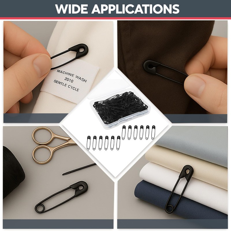 120 Mini Black Safety Pins (19mm) – Strong Alloy Steel