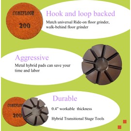Hybrid Transitional Diamond Polishing Pucks for Concrete Terrazzo Floor, Aggressive Hook and Loop Grinding Pads, 3 Inch Sharp Copper Bond Disc, 200#, 3PCS