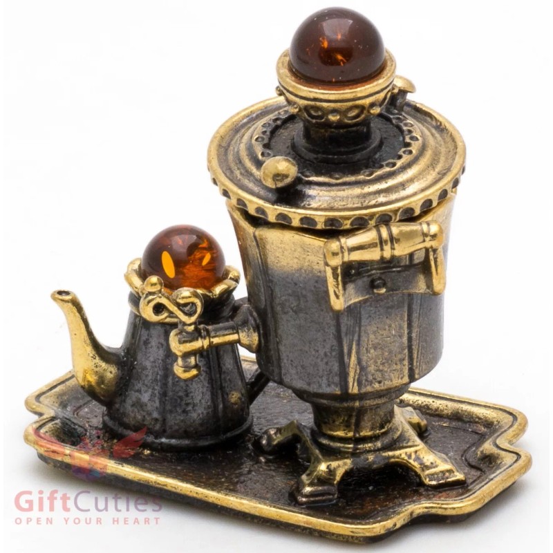 Brass Amber Figurine souvenir of Russian Samovar Teapot set souvenir