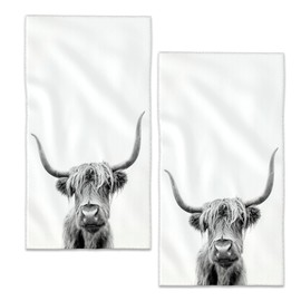 BIGXIUKA Highland Cow Hand Towels Gray White Bath Towel Set of 2 Soft Kitchen Dish Towels Decorative Bathroom Face Towels for Guest Gym Yoga 28 x 14 Inch