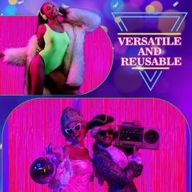 2Pack Glow in The Dark Foil Fringe Curtains, 6.6 x 6.6 ft Fluorescent Macaron Fuchsia Tinsel Backdrop, UV Reactive Neon Party Photo Booth Prop Streamers Birthday Wedding Blacklight Party Decorations