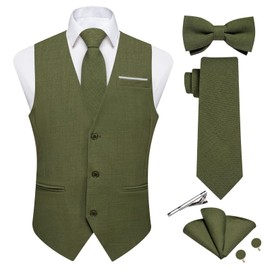 DiBanGu Mens Linen Suit Vest Casual Waistcoat and Necktie & Pre-tied Bowtie Set 6PCS Solid Color Dress Vest for Wedding Party, Olive Green, X-Large