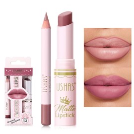 USHAS Lipstick and Lip Liner Combo Set 2 in 1 Waterproof Lipstick and Lip liner Set Long Lasting Lipsticks for Women, Matte Lipstick Pen with Lip Liner Makeup Kits Set (S10, Pack of 1)