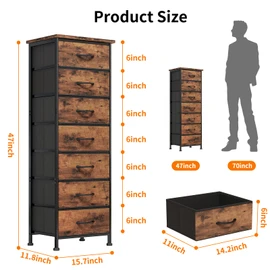 Fixwal Tall Dresser for Bedroom, Storage Dresser Organizer with 7 Fabric Drawers, Nightstand Furniture in Closet, Entryway, Hallway, Rustic Brown Wood Grain Print