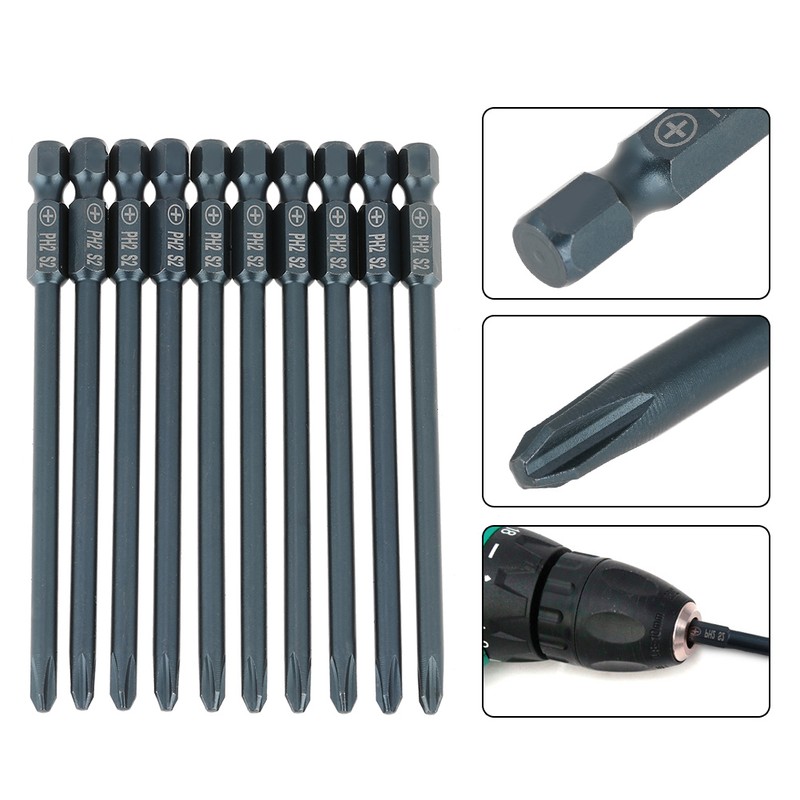 10pcs S2 Steel Cross Head PH2 Screwdriver Bits Set 1/4inch