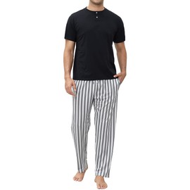 TeJoyce Mens Pyjamas Set Cotton Short Sleeve and Pants 2 Piece PJ Set Soft Comfy Loungewear O-Nect Men's Nightwear Set with Pockets Black