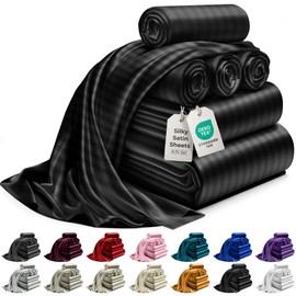 DECOLURE Striped Satin Sheets Set King 6pc - Comfy Luxury Silk Feel Satin Sheets King - Elegant Silky Soft King Size Satin Bed Sheets Hypoallergenic Wrinkle-Free Satin Sheets with Deep Pocket (Black)