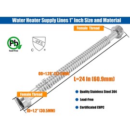 WHK 2 Pack 24-Inch Water Heater 1" Flexable Hose Pipe Connector Supply Line 1" Inch FIP x 1" Inch to Connect Water Heater,Water Softener,Water Filter (Stainless Steel)