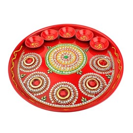 Decorative Pooja Thali with Bowls Plate Platter Decorative Steel Puja Thali with Essential Pooja Articles for Aarti Rituals Festival Wedding Decorations Traditional Ganesha Ganpati (Size- 10")(Red)