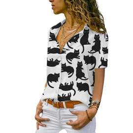 lomaiiest Women Printed Cat Casual Short Sleeve Button up V Neck Tunic Shirts Tops Black&White