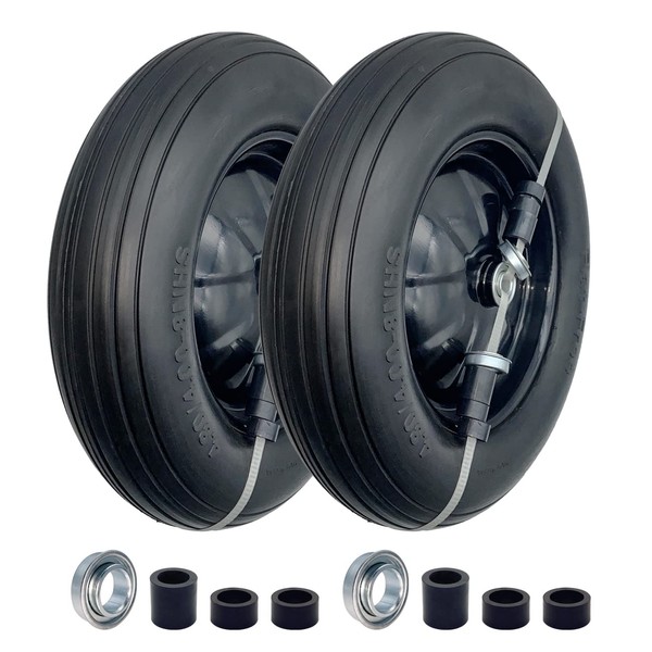 2-Pack of 4.80/4.00-8" Flat Free Tire on Wheel,16"Universal Solid Wheel Barrel Tire,3"-6"Center Hub with 5/8" or 3/4” Ball Bearing,Steel Rim,Ribbed Tread,for Wheelbarrows,Garden and Utility Carts