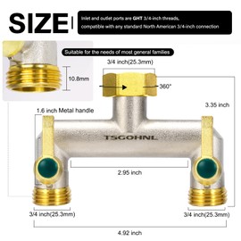 Heavy Duty Brass Garden Hose Splitter, 2-Way Faucet Splitter with 2 Extended Metal Handles, Outdoor Hose Splitter, GHT 3/4-Inch Heavy Duty Hex Female Inlet and 3/4-Inch Male Outlet, Nickel Plated