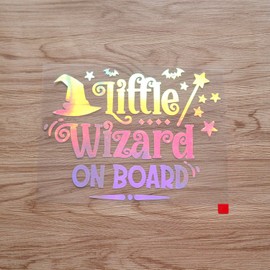 Little Wizard on Board Baby Bat Hat Magic Wand Car Truck Bumper Sticker Decal Vinyl - Holographic Iridescent 7 Inches - No Background Die Cut