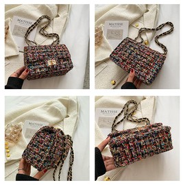 Women's Tweed Plaid Square Bag, Large Capacity Quilted Woven Embroidered Shoulder Bag, Ladies Woolen Handbag Clutch Tote (Black)