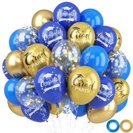 Graduation Balloons, 52 PCS Blue Grad Balloons, 12 Inch Blue Gold Grad Printed Balloons, Class of 2025 Graduration Party Decorations for Graduation Party Decorations