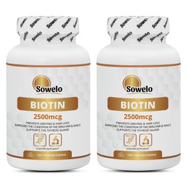 Sowelo Biotin I 2500 mcg I Nahrungsergänzungsmittel mit Biotin I Vitamin B7 I Stärkt Haut, Nägel und Haare I Gegen Alterung I 120 Tabletten (2-Pack)