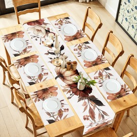 Floral Table Runner and Placemats Set Vintage Abstract Messy Rust Painting Art Dining Decor for Daily Use– 7-Piece Cotton Linen Dining Decor for Daily Use (13"x72", 12"x18") (Pumpkin)