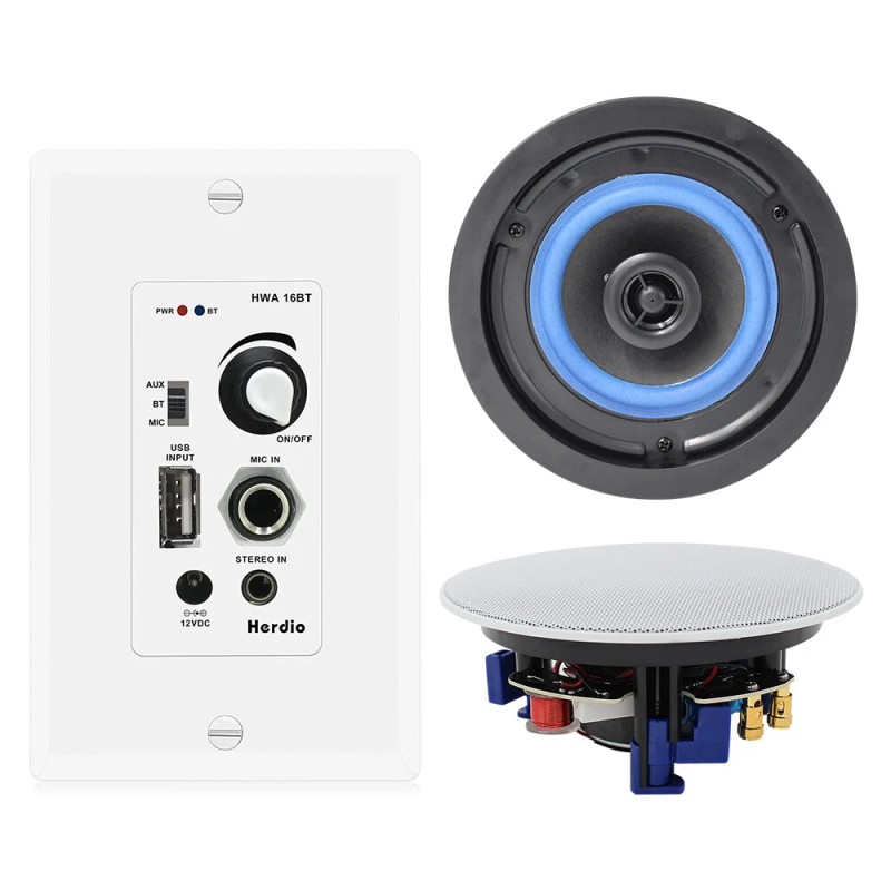 Herdio Bluetooth Ceiling Speakers Wired+4Channel Amplifier Receiver Theater Home