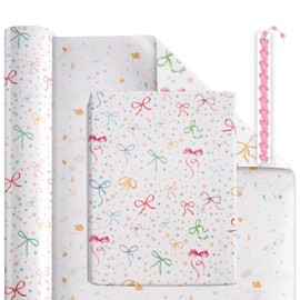 LaRibbons Reversible Christmas Wrapping Paper Roll with Pink Pom Pom, 30 Inch × 40 Feet (100 sq. ft. ttl.) Polka Dots/Conffeti Gift Wrap Set for Christmas,Baby Shower, Party Celebration