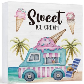 Summer Decor Ice Cream Car Wood Sign Sweet Summer Decorations Farmhouse Home Table Desk Decor (5 x 5 Inches)